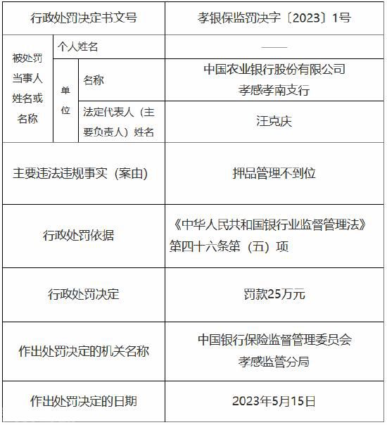  孝感孝南支行遭监管罚款25万元(图1)