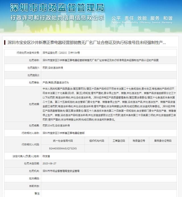  深圳市宝安区沙井新惠正泰电器经营部违法销售问题曝光(图1)