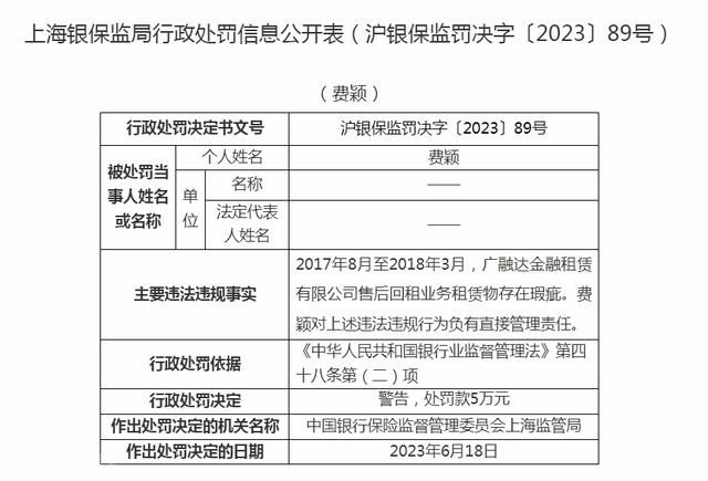  广融达金融租赁被罚240万元，5项违法违规行为曝光(图2)