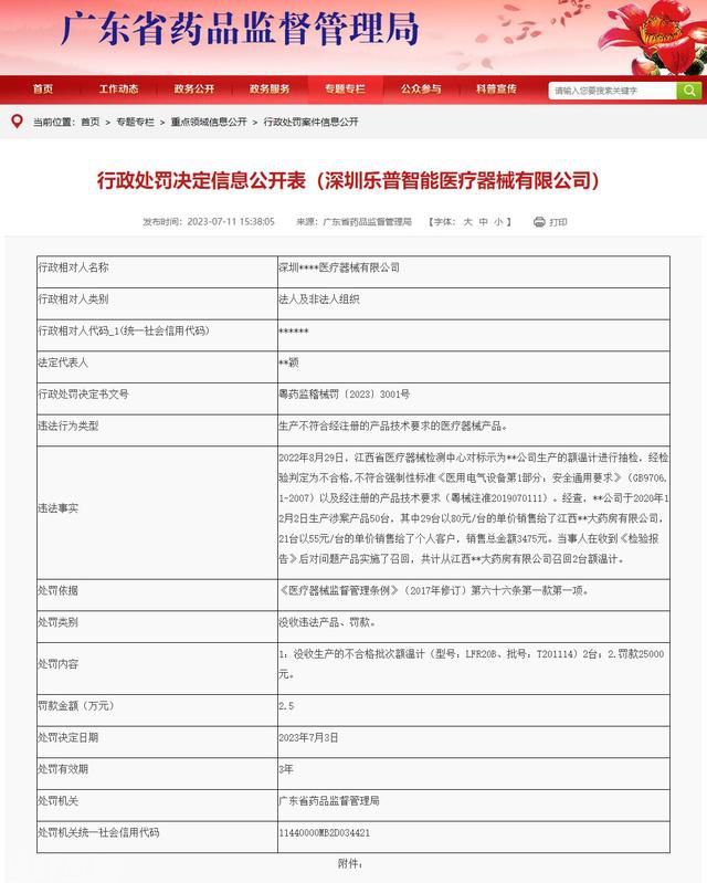  深圳乐普智能医疗器械公司被广东省药品监督管理局处罚(图1)