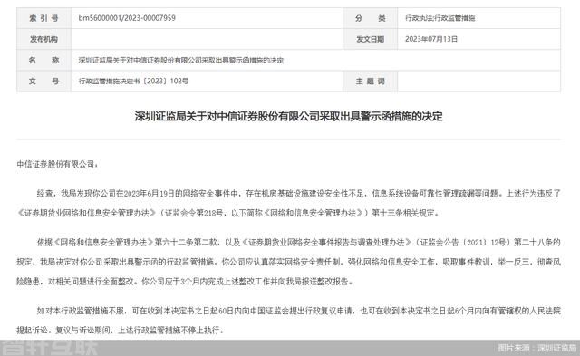  深圳证监局对中信证券网络安全问题进行行政监管(图1)